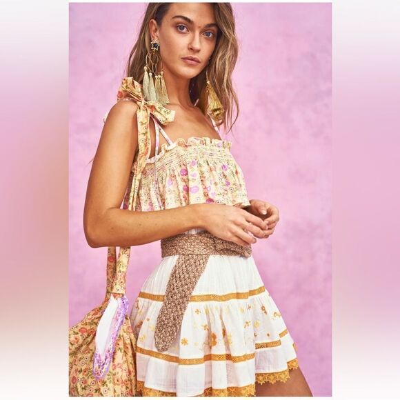 NWT LoveShackFancy Jennings Mini Skirt in Antique White Yellow XS Cover Up $295 - Picture 2 of 13
